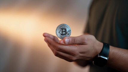 Hand Holding a Bitcoin Coin Against a Warm Background
