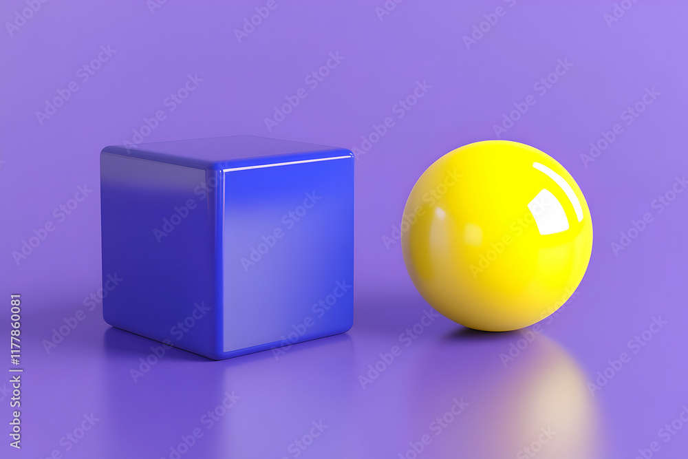 Poster 3d render of a simple, minimalistic abstract geometric figure with a blue cube and yellow sphere on 