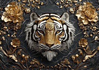 Elaborate metallic pattern of a mythical feline surrounded by traditional floral elements and rich textures, highlighted with gold details and meticulous vector work