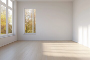 Obraz premium A large empty room with a window and a white wall. The room is very clean and empty, with no furniture or decorations. The sunlight coming in through the window creates a warm and inviting atmosphere