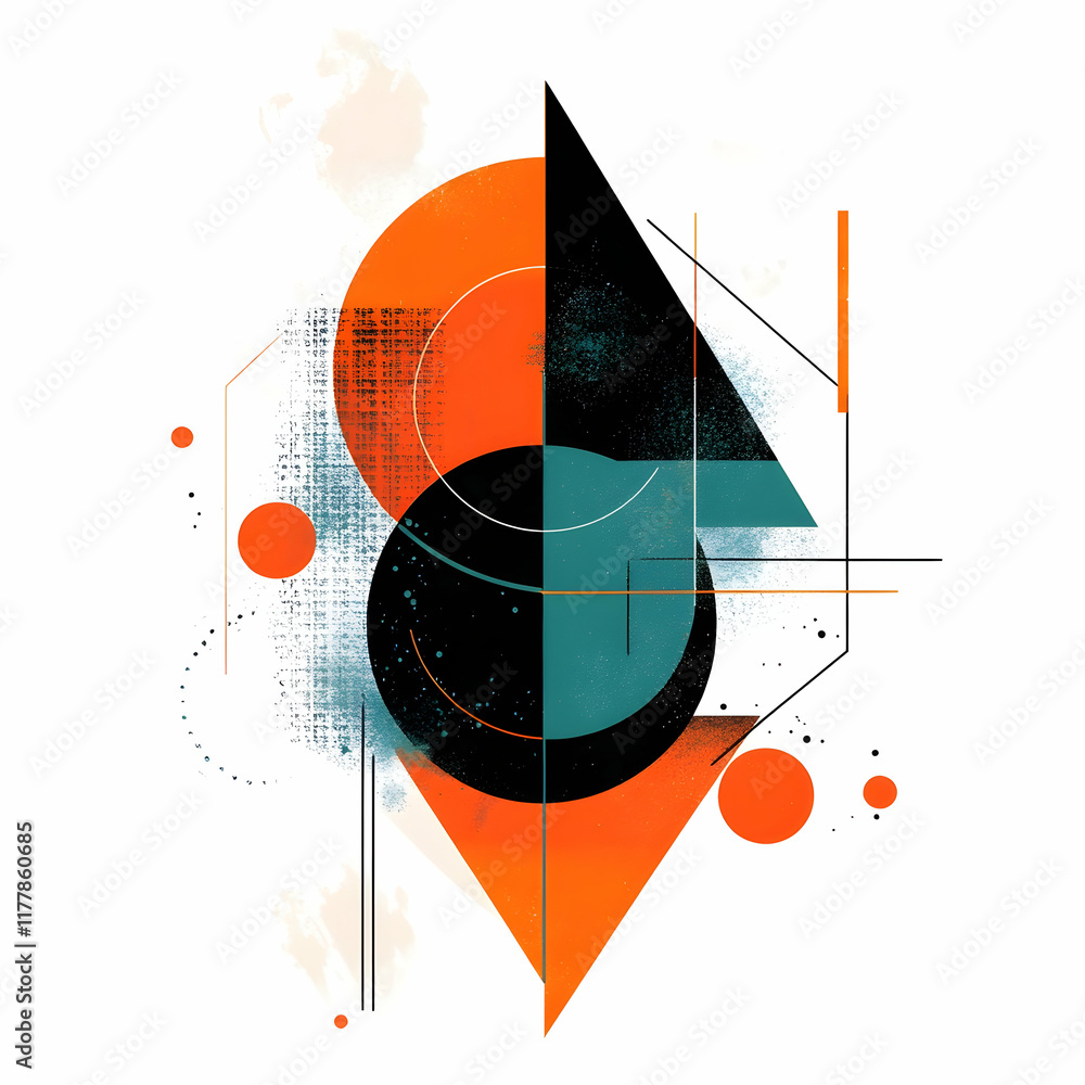 Poster abstract vector design with circles and triangles, in an orange, teal, and blue color scheme on a wh