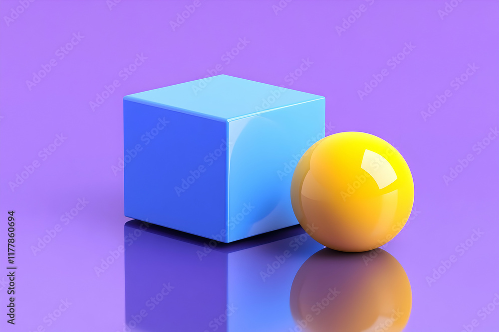 Aufkleber 3d render of a simple, minimalistic abstract geometric figure with a blue cube and yellow sphere on 