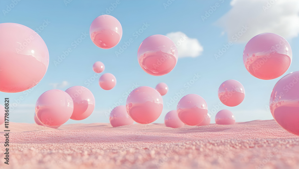 Poster 3d rendering of pink spheres floating in the air.