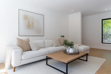 A living room with a white couch, a coffee table, and a painting on the wall. The room has a clean and minimalist look, with a few decorative elements such as a vase and a potted plant