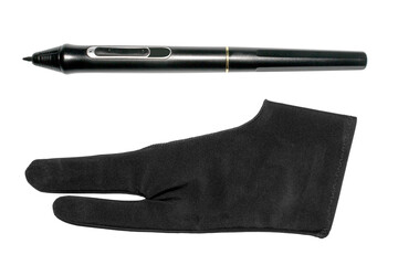 A stylus and a glove for a graphic tablet on a white background.A pen for the graphic screen.A pen...