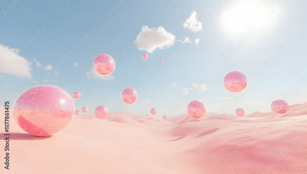 Poster 3d rendering of pink spheres floating in the air.