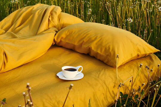 A cozy bedding setup in a dandelion-filled meadow with coffee