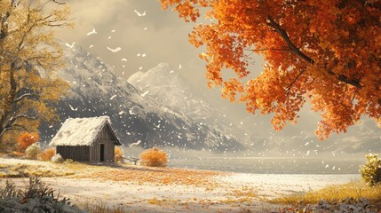 Serene Autumnal Lakeside Cabin in Snowfall: A Peaceful Winter's Day in the Mountains