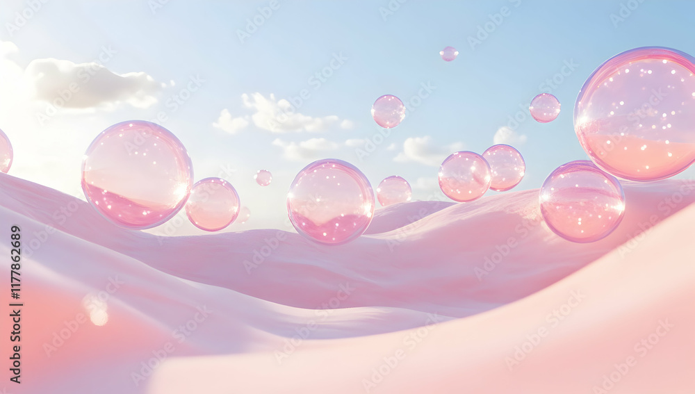 Poster 3d rendering of pink spheres floating in the air.