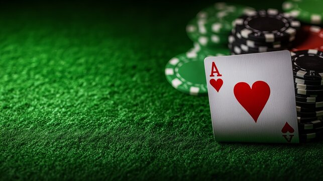 An ace of hearts rests on a felt gaming table near stacks of poker chips.  The scene is dimly lit, creating a dramatic, mysterious mood.