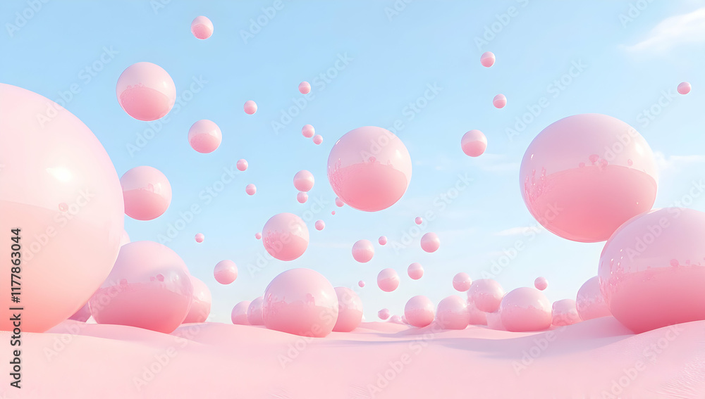 Poster 3d rendering of pink spheres floating in the air.