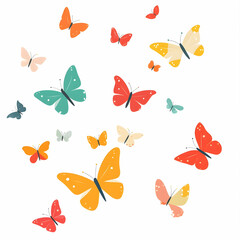 Vector illustration of colorful butterflies flying in the air, simple flat style, white background, cute cartoon design, simple lines