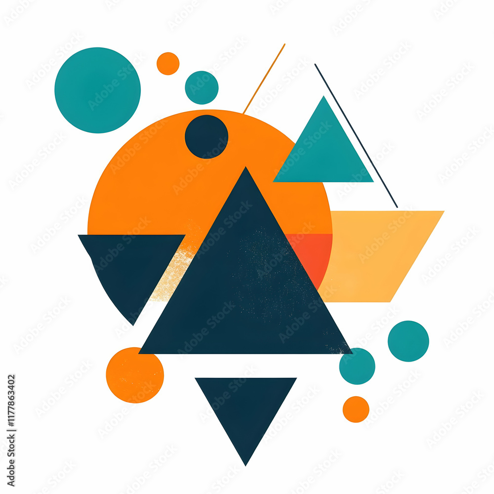 Poster abstract vector design with circles and triangles, in an orange, teal, and blue color scheme on a wh