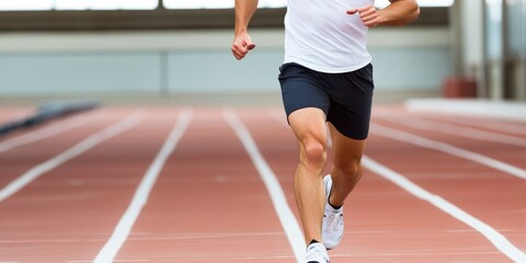 Fototapeta premium Runner sprinting on indoor track, legs and torso visible.