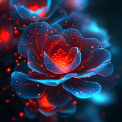 A glowing blue and red flower with intricate details and sparkling particles creates a magical and enchanting floral display against a dark background