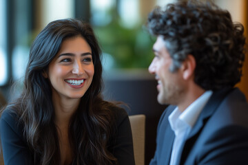 Smiling woman with long dark hair enjoys conversation with a man in a relaxed setting during daytime