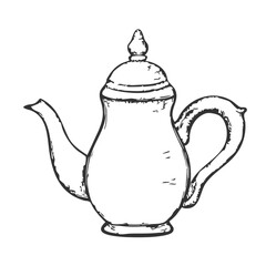 Teapot Hand-Drawn Vector, Graphic Style, Cartoon Illustration, Black and White, Sketch Style, Isolated on White Background