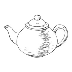 Teapot Hand-Drawn Vector, Graphic Style, Cartoon Illustration, Black and White, Sketch Style, Isolated on White Background