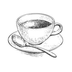 Cup of Tea Hand-Drawn Vector, Graphic Style, Cartoon Illustration, Black and White, Sketch Style, Isolated on White Background