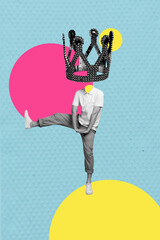 Vertical photo collage of anonym man instead head crown dance motion friday party celebration...