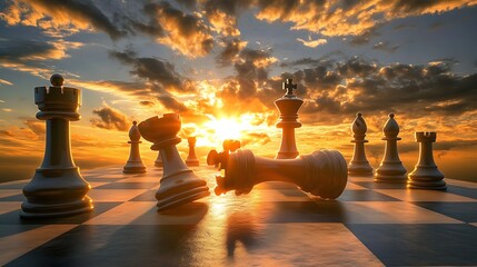Chessboard scene under dramatic light with fallen king symbolizing the competitive spirit