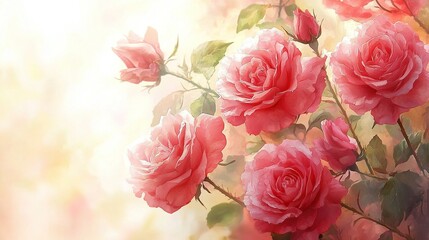 Fototapeta premium Blooming pink roses in sunny garden, soft background.