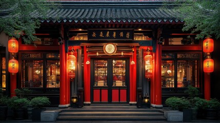 Elegant Chinese Restaurant Entrance At Night
