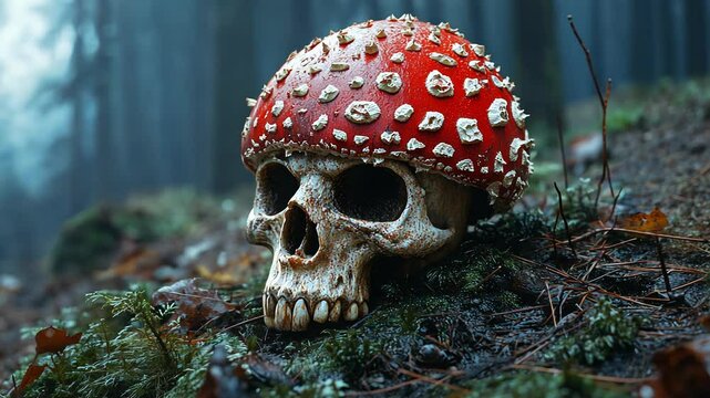 Skull with amanita muscaria in a mysterious forest