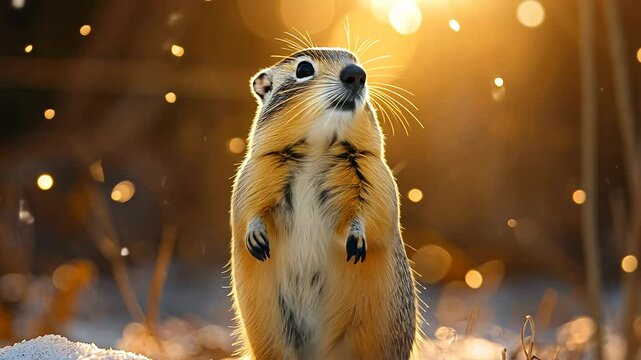 Richardson's ground squirrel looking up at softly falling snow at sunset