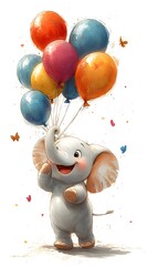 Delighted Elephant Carrying Vibrant Balloons in Whimsical Cartoon