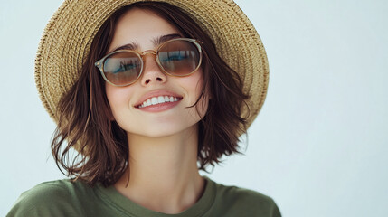 Fototapeta premium Closeup portrait of happy beautiful young woman with brunette hair wearing summer sunglasses and straw hat and olive green t shirt, isolated on white background. beach vacation relax,model smile.