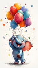 Cheerful Elephant Character Holding Colorful Balloons in Whimsical Cartoon Rendering