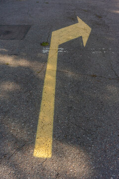 Yellow Directional Arrow on Asphalt Surface