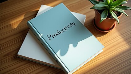 Book on the table, productivity journal on wooden desk