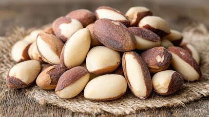 Obraz premium Brazil nuts piled on burlap on rustic wood table.