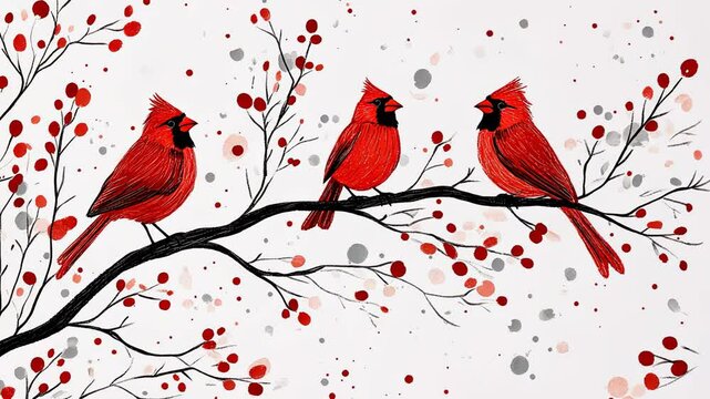 Cute Cartoon Bird Couple on Tree Branch with Flowers and Snowy Background in Vector Design