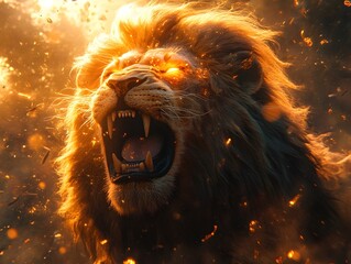 Naklejka premium Ferocious Lion Roaring in Blazing Inferno with Intense Fire and Energy