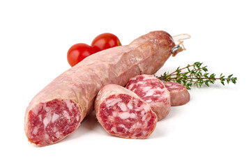 Artisan Dry Cured Sausage, isolated on white background.