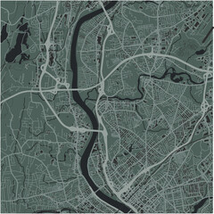 Map of Chicopee in Massachusetts in a smooth dark style. Contains layered vector with roads water, parks, etc.