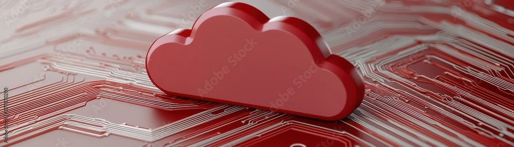 Poster a stylized red cloud symbol sits on a circuit board background, representing cloud computing and dig