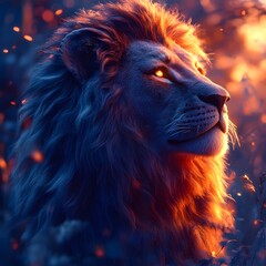 Naklejka premium Majestic Lion Roaring in Fiery Night Scenery with Glowing Eyes and Fur