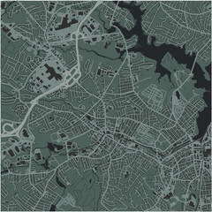 Map of Peabody in Massachusetts in a smooth dark style. Contains layered vector with roads water, parks, etc.