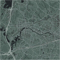 Map of Waltham in Massachusetts in a smooth dark style. Contains layered vector with roads water, parks, etc.