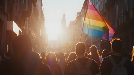 A crowd of people with rainbow flags, a pride parade in the city center
