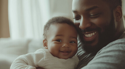 Closeup of black skinned african american father and son, adult man dad and little newborn infant toddler baby boy hugging and smiling in living room home interior, sitting together, playing, bonding.
