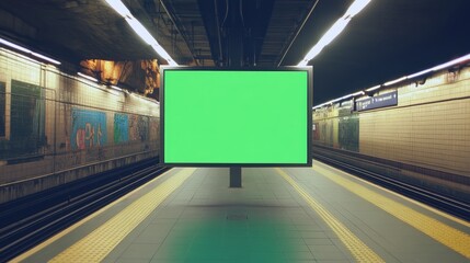 A subway platform featuring a blank green screen display.