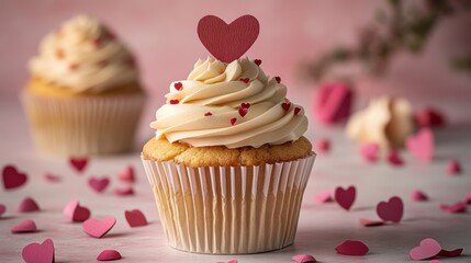 Cupcake with Heart Topper Surrounded by Romantic Decorations