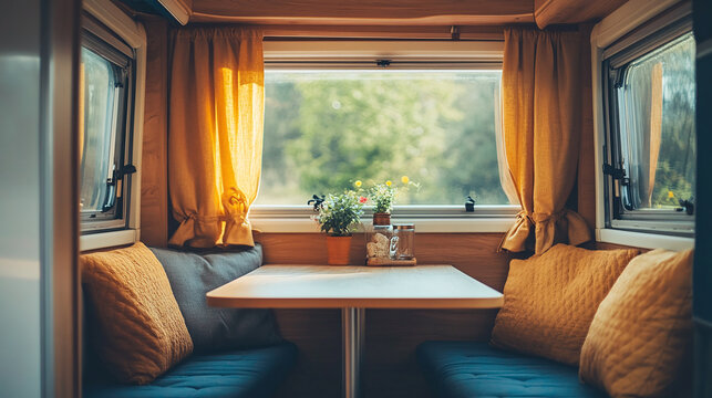 Modern camper house indoors interior with table, sofa and curtains on windows. caravan motorhome travel and vacation, rv freedom transportation tourism, van lifestyle, comfort, mobile.