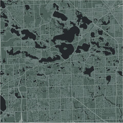 Map of West Bloomfield Township in Michigan in a smooth dark style. Contains layered vector with roads water, parks, etc.