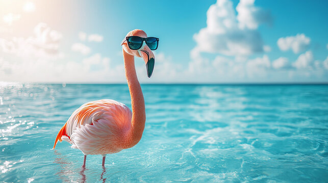 Pink flamingo wearing sunglasses, standing in blue sea or ocean water closeup portrait, copy space. tropical summer holiday vacation, weekend relaxation leisure in paradise.